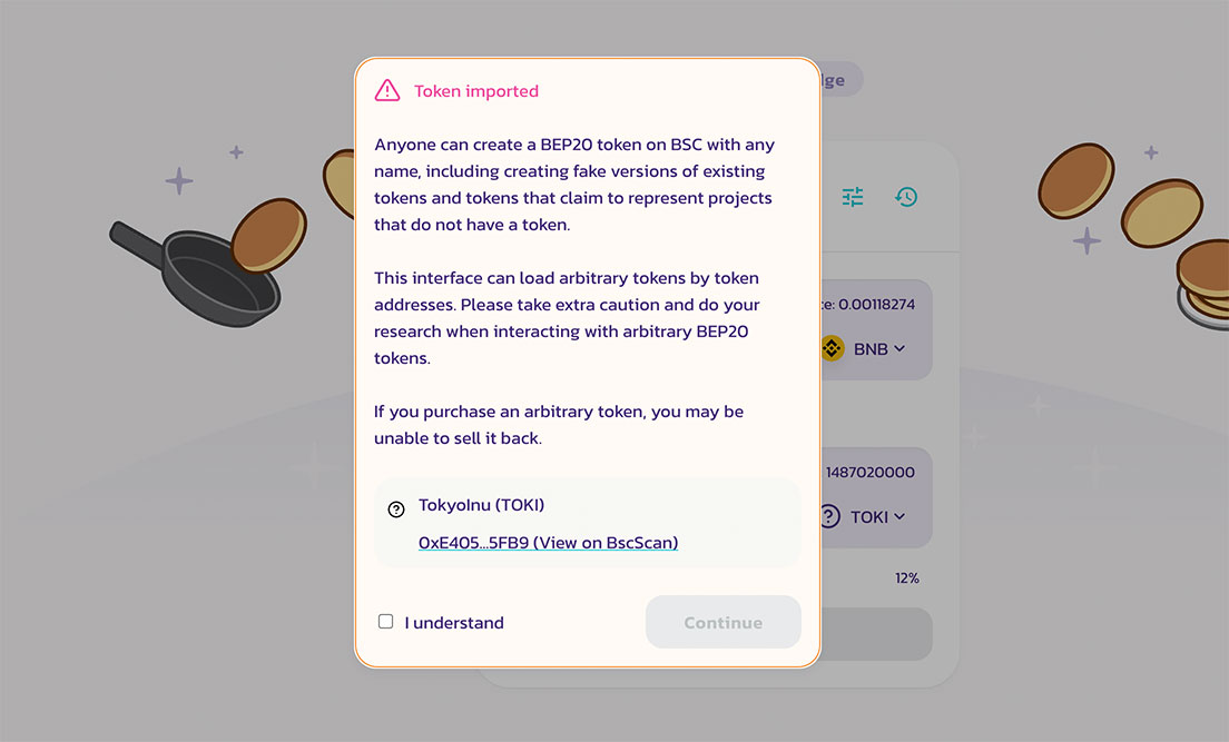 PancakeSwap Warnung Fehlermeldung bei Token Adressen Import